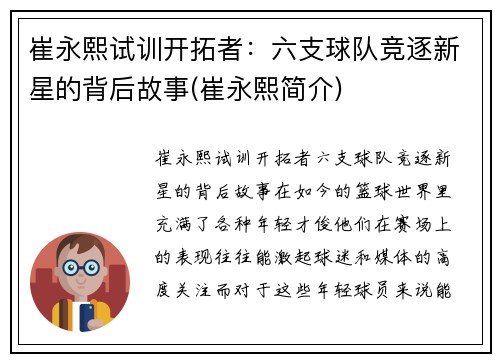 崔永熙试训开拓者：六支球队竞逐新星的背后故事(崔永熙简介)