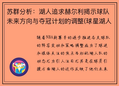 苏群分析：湖人追求赫尔利揭示球队未来方向与夺冠计划的调整(球星湖人队)