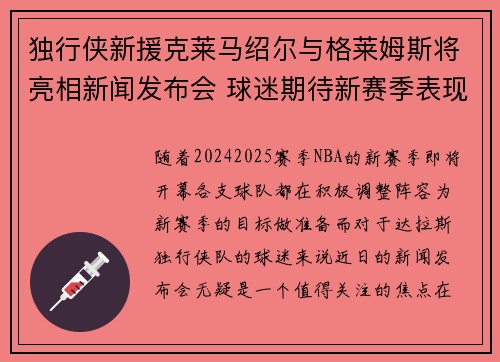 独行侠新援克莱马绍尔与格莱姆斯将亮相新闻发布会 球迷期待新赛季表现