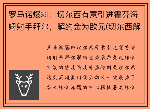 罗马诺爆料：切尔西有意引进霍芬海姆射手拜尔，解约金为欧元(切尔西解雇图赫尔)